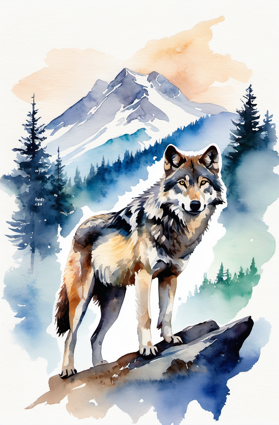 00259-Double exposure of a wolf and a mountain, natural scenery, watercolor.png